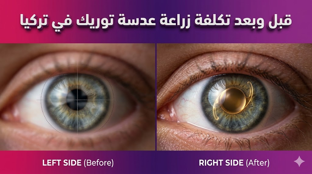 ومقارنة قبل وبعد تظهر تحسن الرؤية وتصحيح الاستجماتيزم بعد معرفة تكلفة زراعة عدسة توريك في تركيا وإجراء العملية بنجاح.