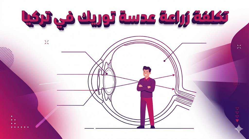 مخطط تشريحي تعليمي يوضح كيفية تصحيح النظر عبر زراعة العدسات مع ذكر تكلفة زراعة عدسة توريك في تركيا بشكل بارز.
