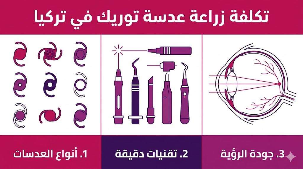 إنفوجرافيك طبي يوضح مراحل العملية والتقنيات المستخدمة في زراعة العدسات وأهمية تكلفة زراعة عدسة توريك في تركيا في الحصول على أفضل جودة.