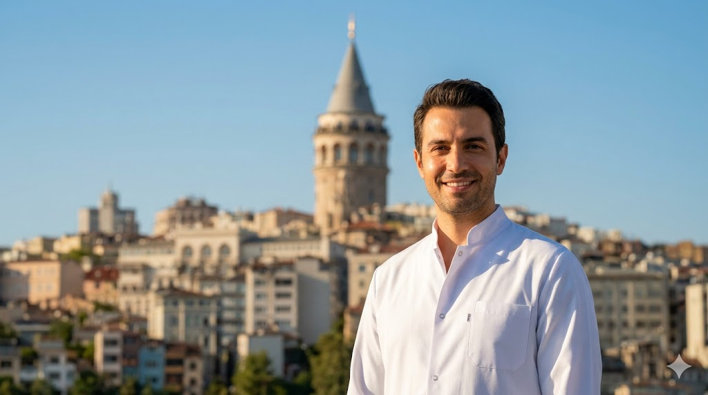 طبيب عيون خبير يقف أمام برج غالاتا في اسطنبول، يمثل الثقة والجودة الطبية عند البحث عن تكلفة زراعة عدسة توريك في تركيا.