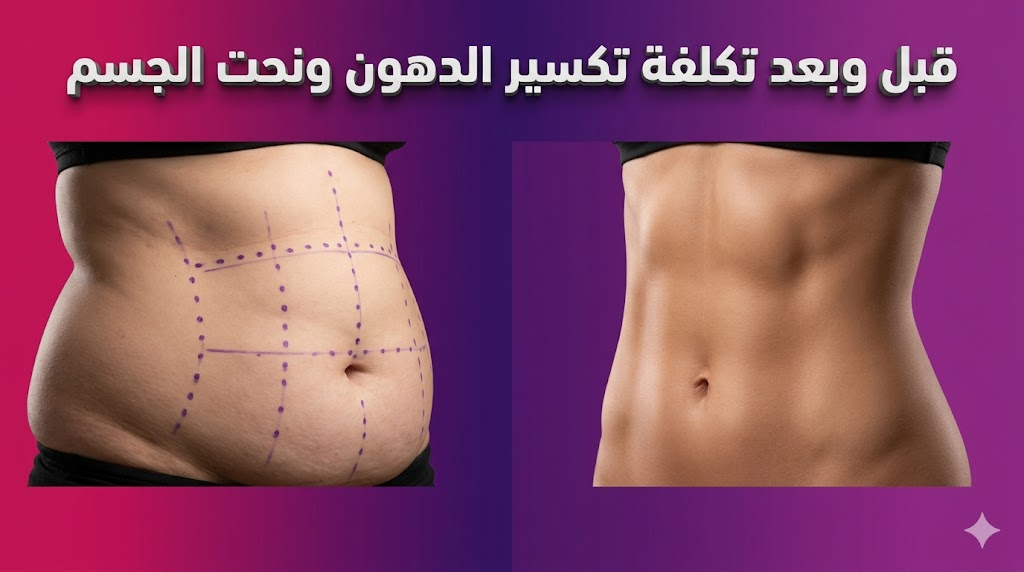  مقارنة واقعية قبل وبعد توضح نتائج تكلفة تكسير الدهون ونحت الجسم على منطقة البطن مع علامات طبية احترافية.