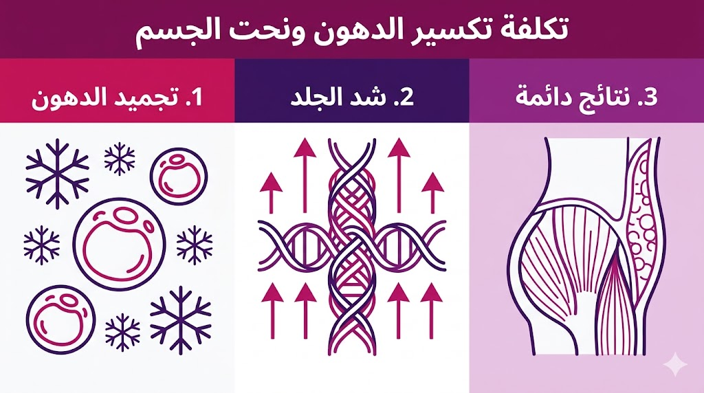  بوستر إنفوجرافيك يوضح خطوات تكلفة تكسير الدهون ونحت الجسم الثلاثة: التجميد، الشد، والنتائج الدائمة.