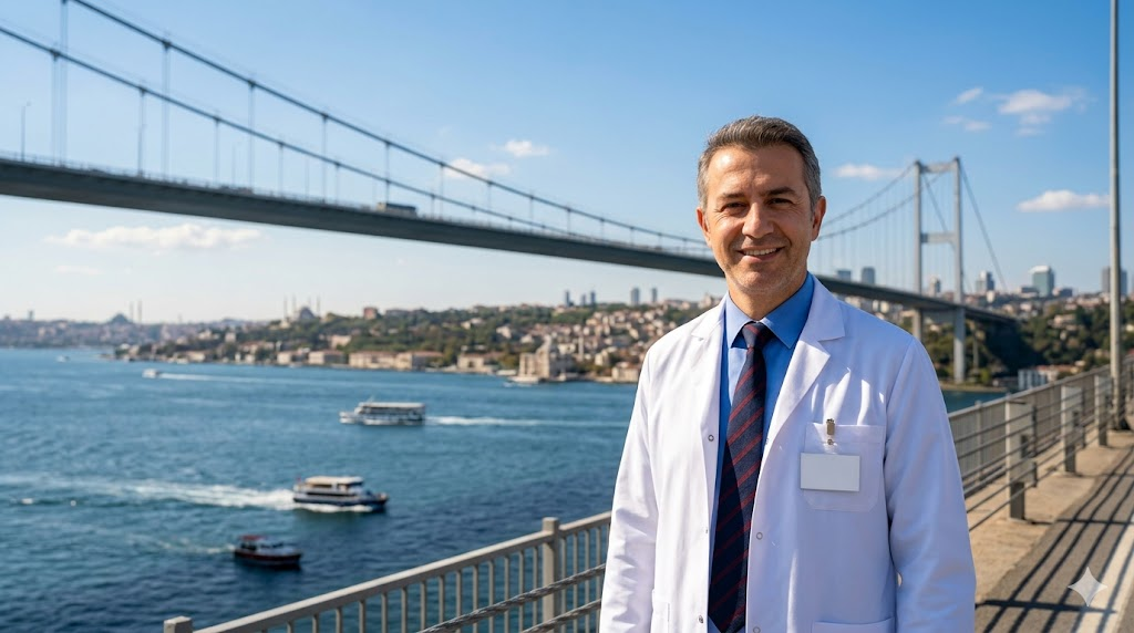  طبيب تجميل يقف أمام جسر البوسفور في إسطنبول، تعبيراً عن الثقة والجودة في إجراءات تكلفة تكسير الدهون ونحت الجسم في تركيا.