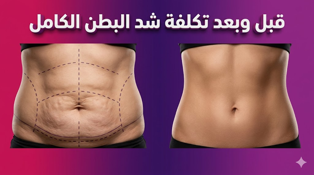 مقارنة واقعية قبل وبعد توضح نتائج تكلفة شد البطن الكامل مع خطوط جراحية ونتيجة نهائية مثالية.