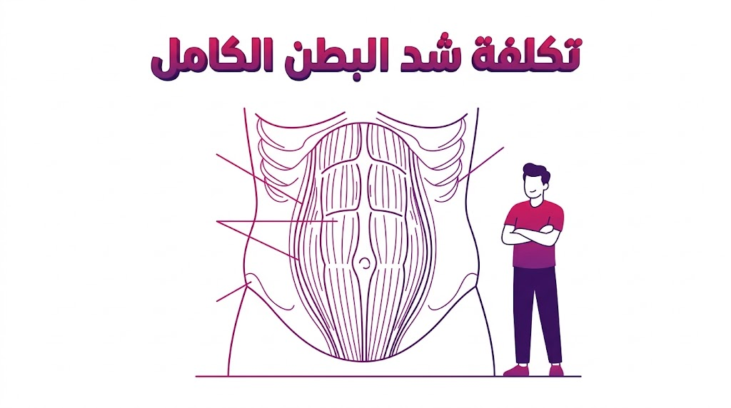  إنفوجرافيك طبي تشريحي يشرح تقنيات الجراحة وتفاصيل تكلفة شد البطن الكامل بشكل علمي مبسط.