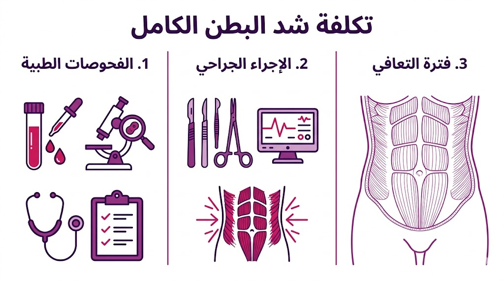  ملصق إنفوجرافيك مقسم لثلاث مراحل توضح خطوات العملية المرتبطة بـ تكلفة شد البطن الكامل.