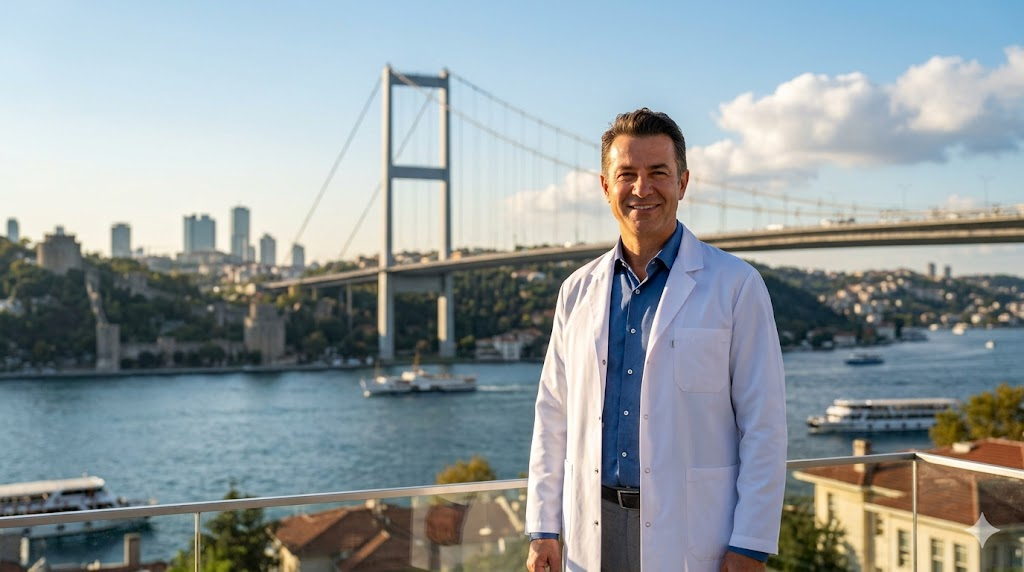  جراح تجميل خبير يقف أمام جسر البوسفور في إسطنبول، مما يعكس الثقة والاحترافية في تقديم خدمة تكلفة شد البطن الكامل.