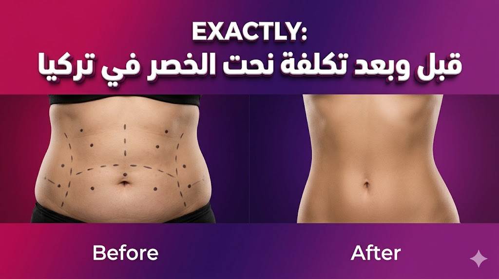 صورة مقارنة "قبل وبعد" توضح نتائج و تكلفة نحت الخصر في تركيا مع علامات التخطيط الطبي ونتائج النحت المثالية.