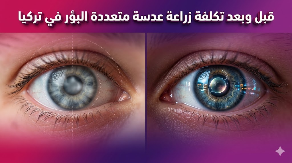 مقارنة قبل وبعد توضح نتائج العملية وتأثير تكلفة زراعة عدسة متعددة البؤر في تركيا على وضوح الرؤية.