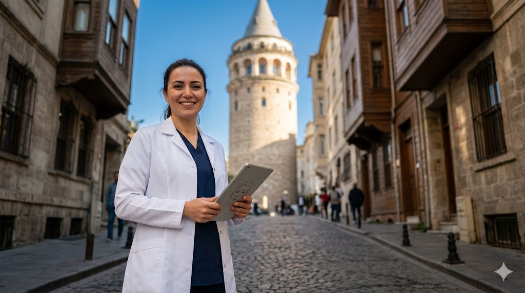 جراح تجميل خبير يقف أمام جسر البوسفور في اسطنبول لتقديم استشارات حول تكلفة نحت الخصر في تركيا.