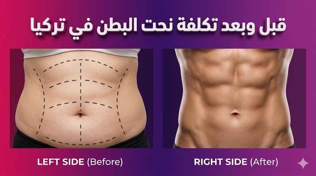  صورة فوتوغرافية تظهر نتائج ما قبل وبعد العملية مع توضيح تكلفة نحت البطن في تركيا بنص ثلاثي الأبعاد.