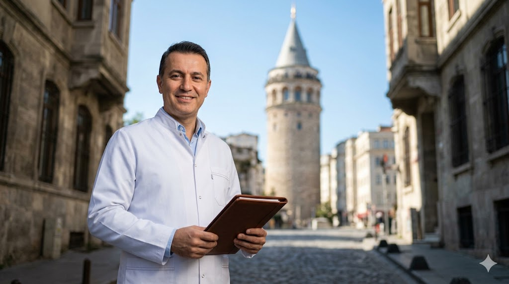 طبيب تجميل يقف أمام برج غالاتا في اسطنبول للإشارة إلى جودة الخدمات المرتبطة بـ تكلفة نحت البطن في تركيا.