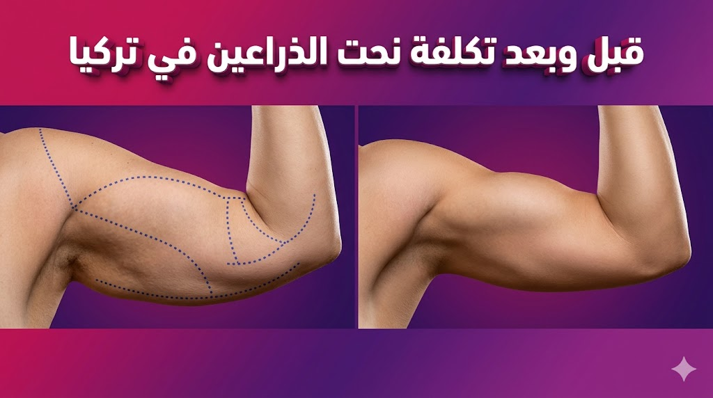 مقارنة واقعية قبل وبعد تظهر نتائج تكلفة نحت الذراعين في تركيا مع علامات تخطيط طبية ونتيجة نهائية مشدودة.