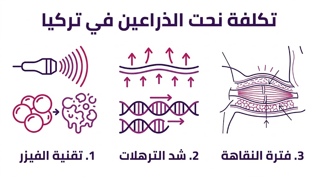 بوستر إنفوجرافيك مقسم لثلاثة أجزاء يشرح تقنية الفيزر وشد الترهلات ضمن تكلفة نحت الذراعين في تركيا.