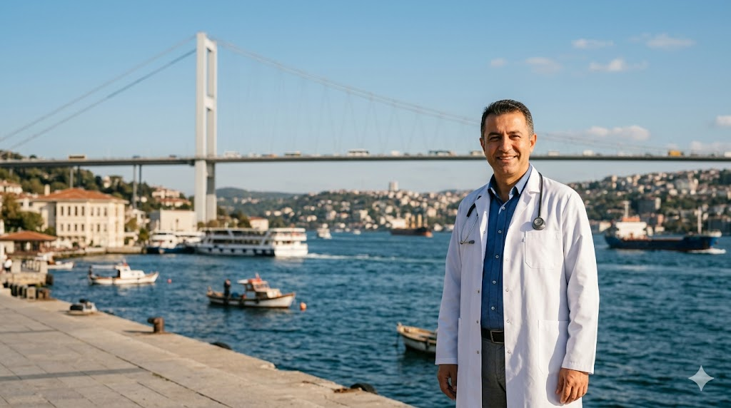 جراح تجميل محترف يقف أمام جسر البوسفور في اسطنبول، يمثل جودة الخدمات الطبية المرتبطة بـ تكلفة نحت الذراعين في تركيا.