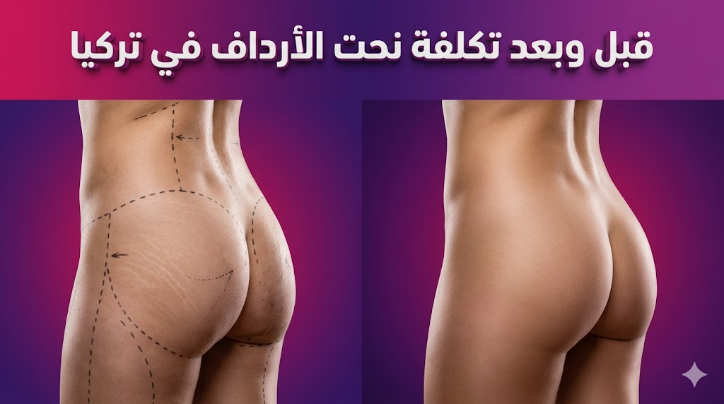 مقارنة واقعية قبل وبعد توضح نتائج تكلفة نحت الأرداف في تركيا مع علامات التخطيط الجراحي والنتائج النهائية.