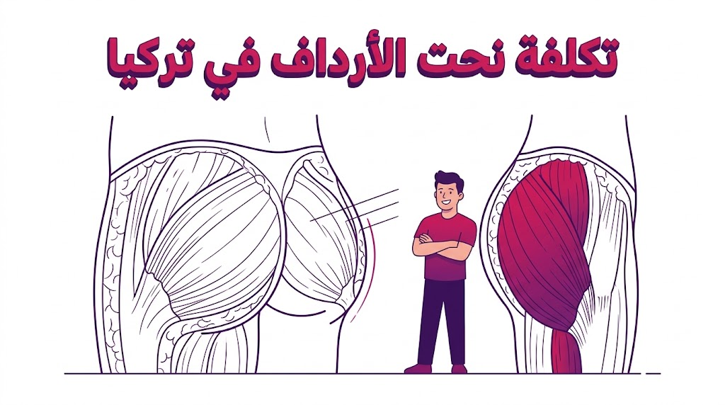  إنفوجرافيك طبي تشريحي يوضح التقنيات العلمية المستخدمة في تكلفة نحت الأرداف في تركيا بأسلوب الرسم الهندسي.