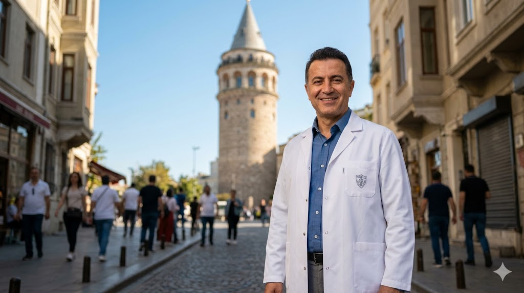 جراح تجميل محترف يقف أمام برج غالاتا في اسطنبول للإشارة إلى جودة تكلفة نحت الأرداف في تركيا.