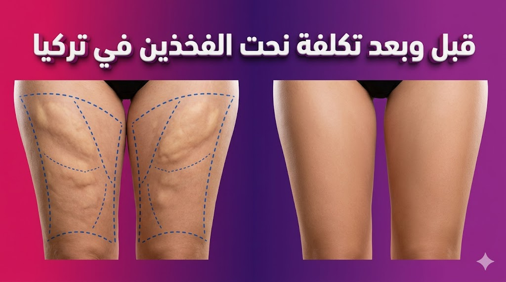 مقارنة واقعية قبل وبعد توضح نتائج العملية مع نص بارز يوضح تكلفة نحت الفخذين في تركيا فوق خلفية متدرجة فاخرة.
