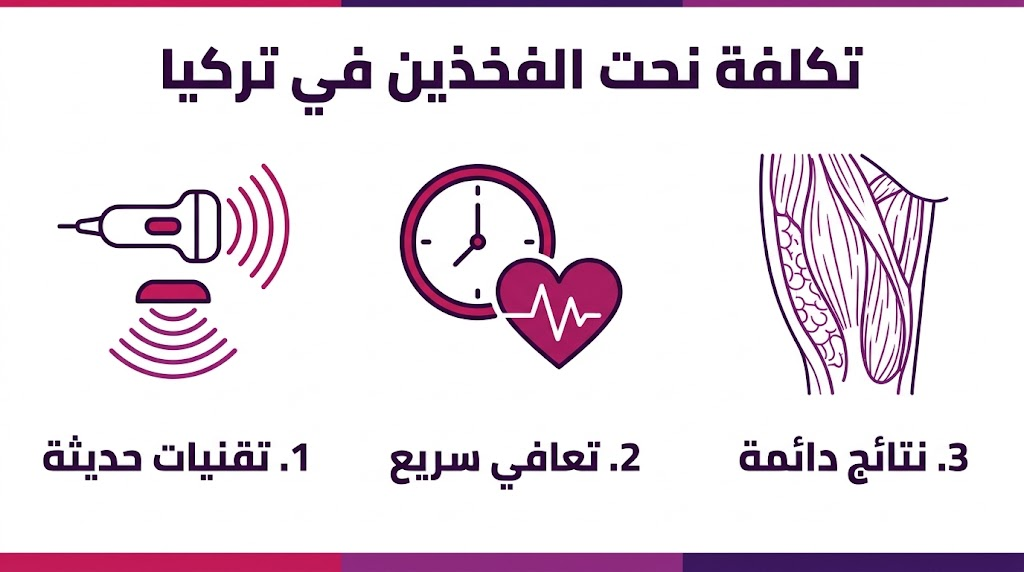 بوستر طبي تعليمي يوضح ثلاث مراحل أساسية تتعلق بمزايا تكلفة نحت الفخذين في تركيا باستخدام أيقونات متطورة.