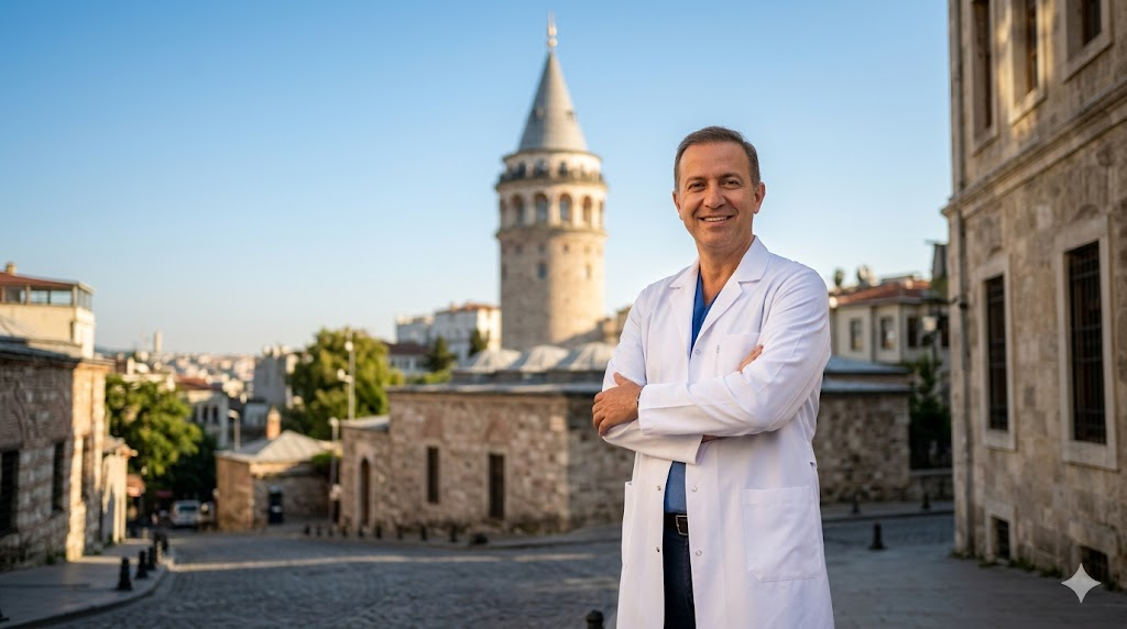 طبيب تجميل بابتسامة واثقة أمام برج غالاتا في اسطنبول، يرمز لخدمات تكلفة نحت الفخذين في تركيا الراقية.