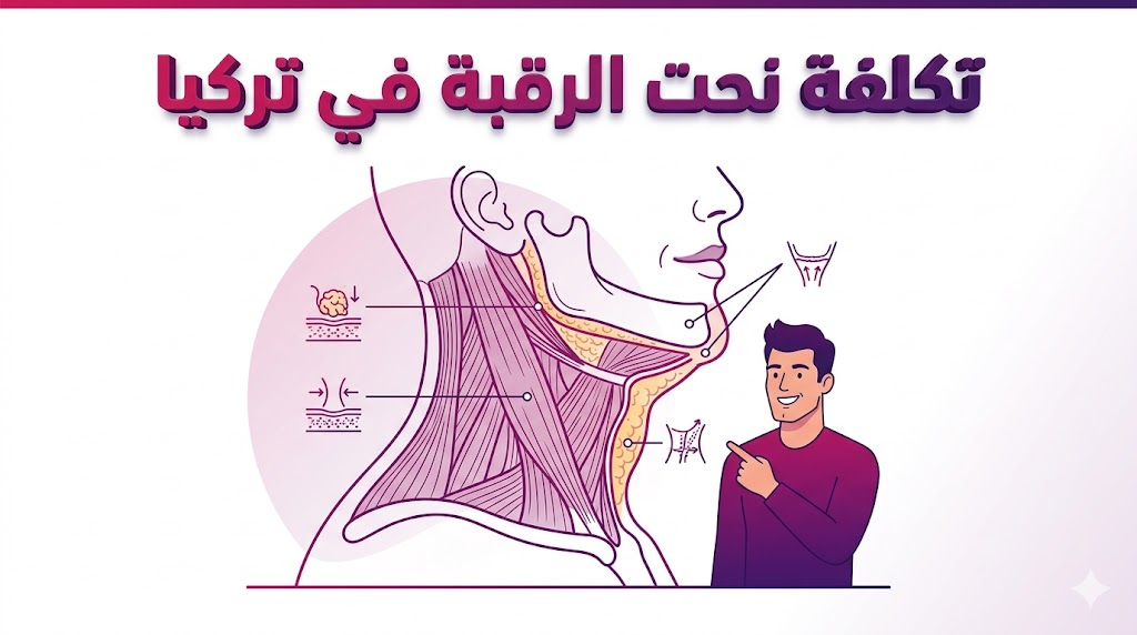 إنفوجرافيك طبي يوضح التشريح الداخلي وخطوات تكلفة نحت الرقبة في تركيا بشكل علمي.
