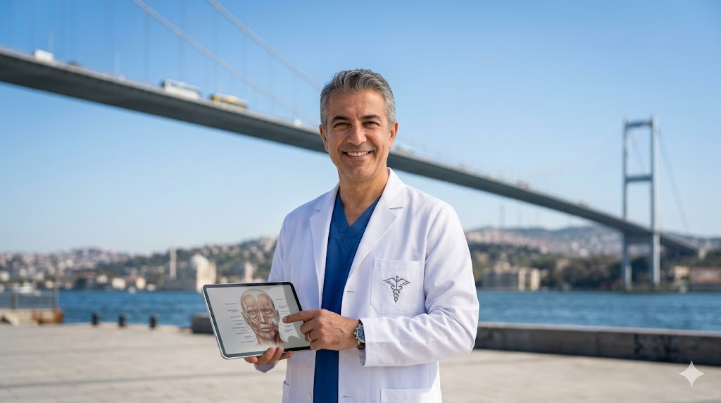  طبيب تجميل متميز أمام جسر البوسفور في إسطنبول للترويج لخدمات تكلفة نحت الرقبة في تركيا.
