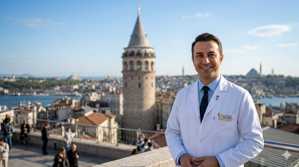 طبيب تجميل بابتسامة واثقة أمام برج غالاتا في اسطنبول، يمثل الثقة في عمليات إزالة التجاعيد في تركيا.