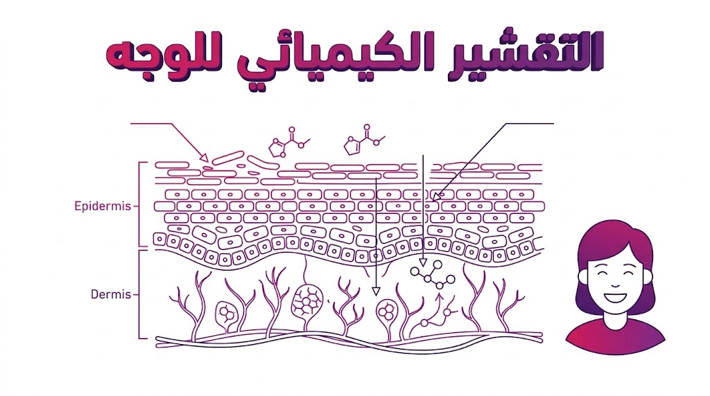  إنفوجرافيك طبي يوضح الطبقات التشريحية للبشرة وكيفية تأثير التقشير الكيميائي للوجه على تجديد الخلايا.
