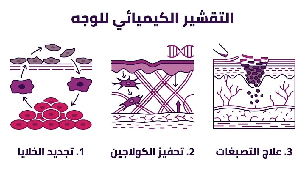 ملصق إنفوجرافيك يوضح فوائد التقشير الكيميائي للوجه في تجديد الخلايا، تحفيز الكولاجين، وعلاج تصبغات الجلد.