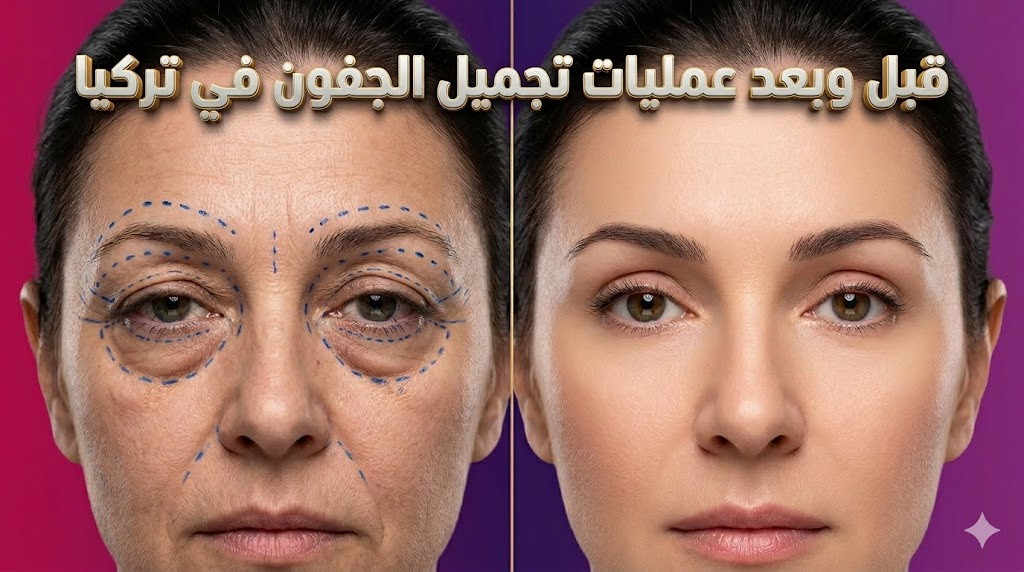 مقارنة قبل وبعد تظهر نتائج عمليات تجميل الجفون في تركيا مع مخططات جراحية على اليسار ونتائج مشدودة ومثالية على اليمين.