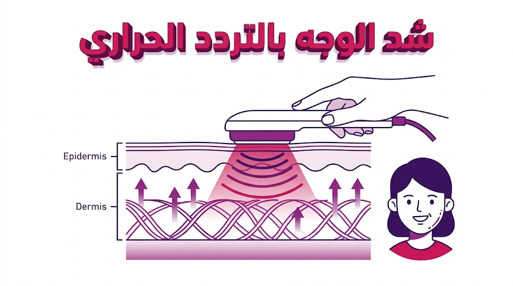  إنفوجرافيك طبي يوضح كيفية تغلغل أمواج شد الوجه بالتردد الحراري داخل طبقات الجلد لتحفيز الكولاجين.
