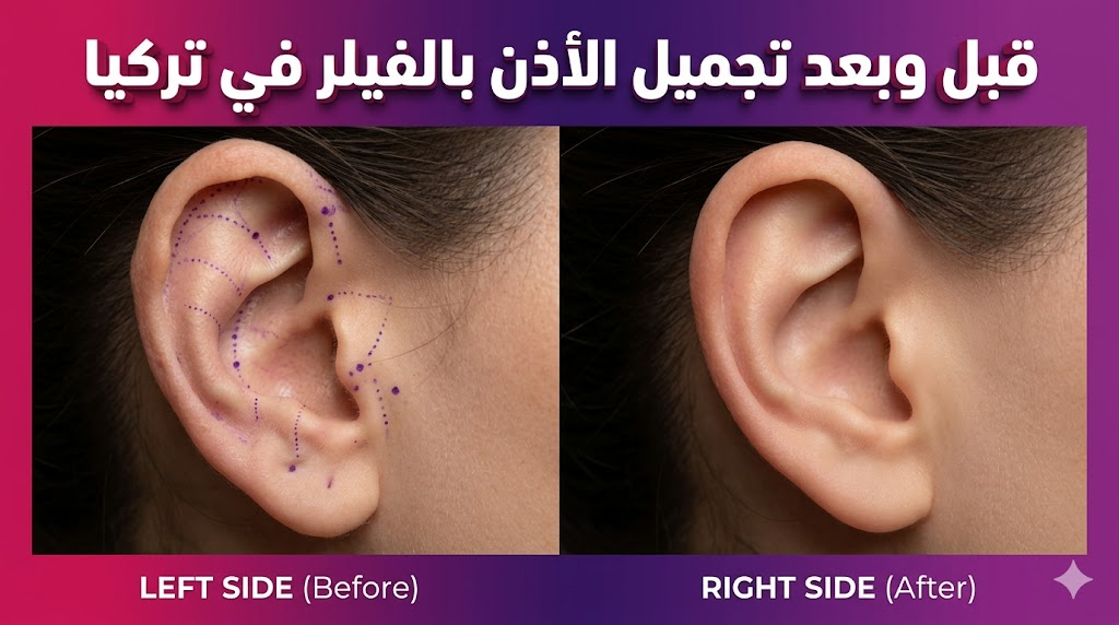  مقارنة قبل وبعد تظهر نتائج تجميل الأذن بالفيلر في تركيا وتناسق صيوان الأذن.