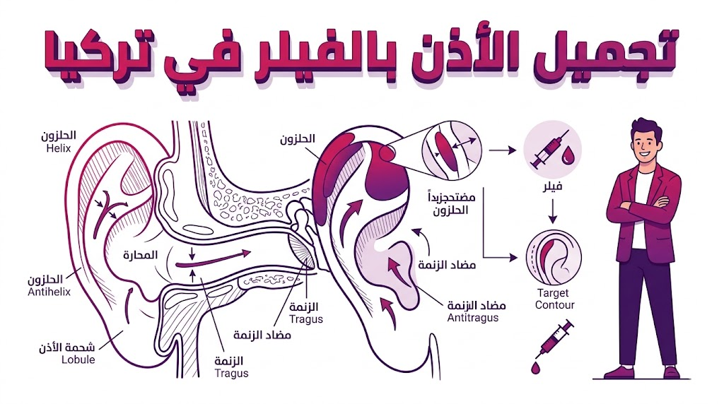  مخطط تشريحي يوضح عملية تجميل الأذن بالفيلر في تركيا وتوزيع المادة داخل الأنسجة.