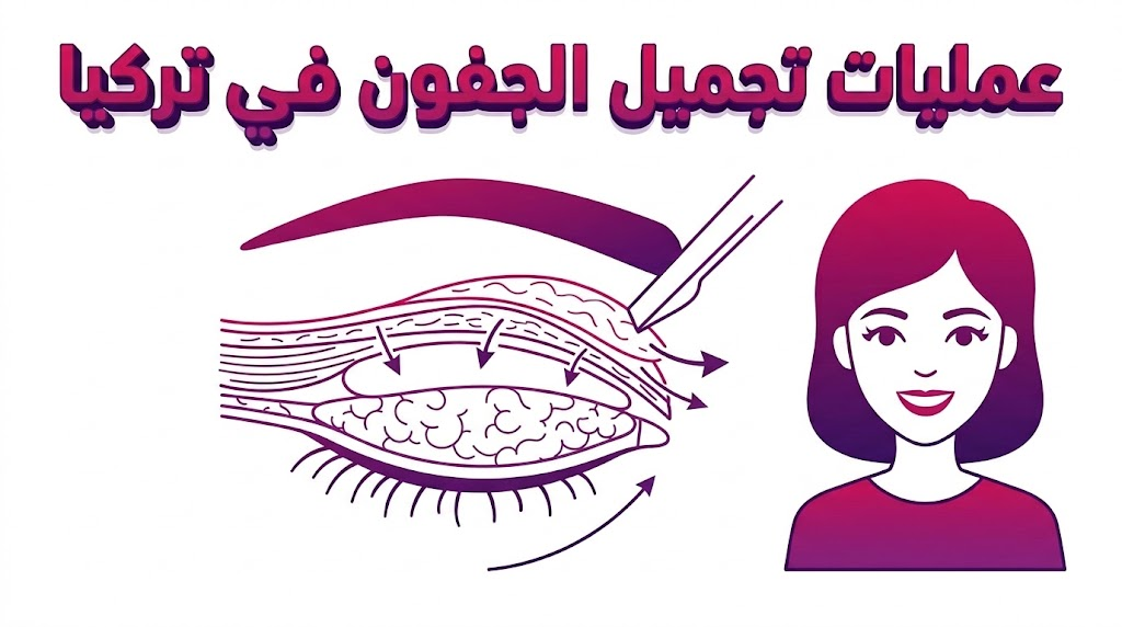 إنفوجرافيك طبي يوضح التشريح الداخلي للجفن وكيفية إجراء عمليات تجميل الجفون في تركيا بأسلوب الرسم الهندسي.