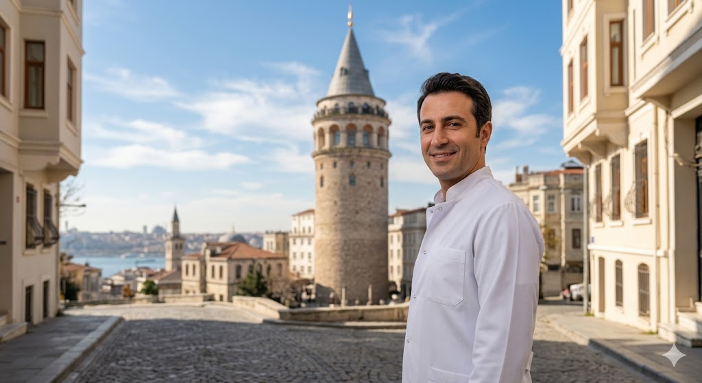  طبيب تجميل خبير أمام برج غالاتا في إسطنبول يمثل خدمات تجميل الأذن بالفيلر في تركيا.