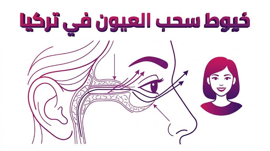 إنفوجرافيك طبي يشرح التشريح الداخلي وكيفية عمل خيوط سحب العيون في تركيا لرفع زاوية العين.