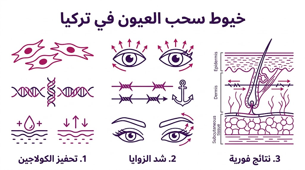  بوستر إنفوجرافيك يوضح خطوات وفوائد خيوط سحب العيون في تركيا بأسلوب فني عصري.