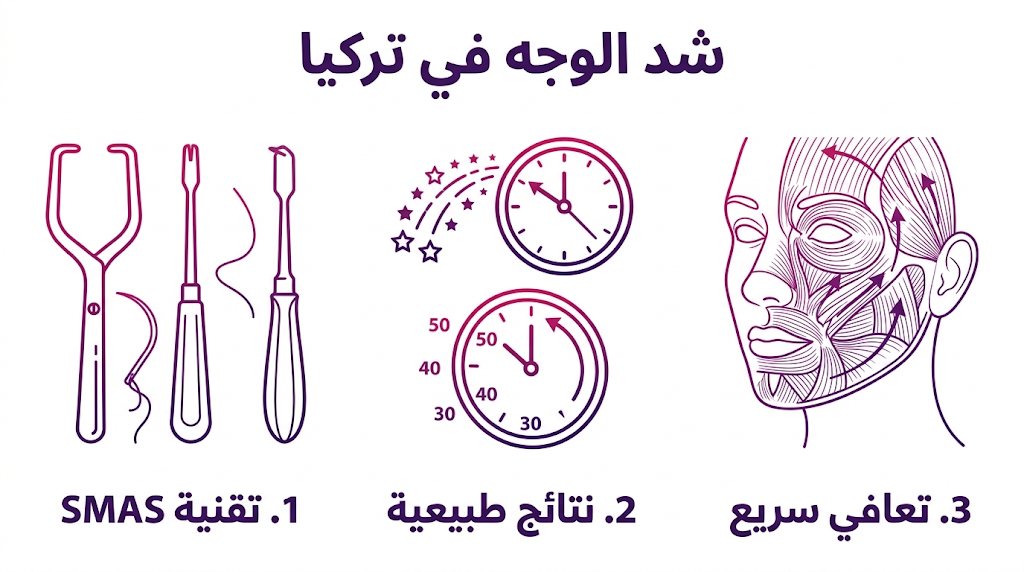بوستر طبي تعليمي مقسم لثلاثة أقسام يشرح مميزات شد الوجه في تركيا من حيث تقنية SMAS والنتائج الطبيعية وسرعة الاستشفاء.