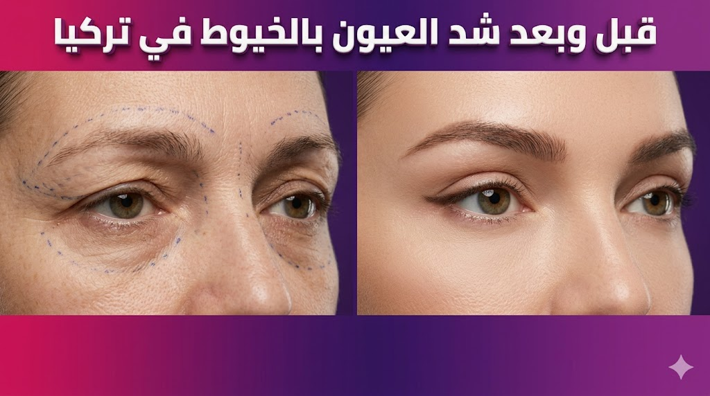 مقارنة قبل وبعد توضح نتائج شد العيون بالخيوط في تركيا مع علامات طبية توضيحية ونموذج للنتيجة النهائية.