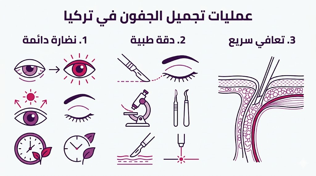 بوستر إنفوجرافيك لعمليات تجميل الجفون في تركيا يتضمن ثلاثة أقسام تشرح فوائد النضارة والدقة الطبية وسرعة التعافي.