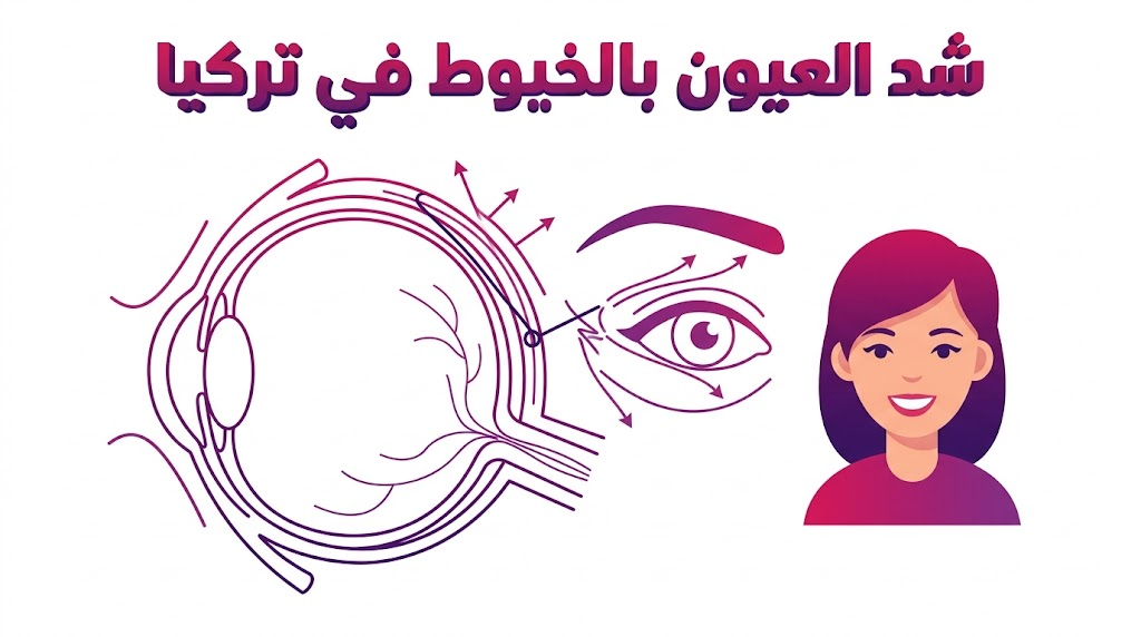 مخطط إنفوجرافيك طبي يوضح التشريح الداخلي وطريقة وضع الخيوط لعملية شد العيون بالخيوط في تركيا.