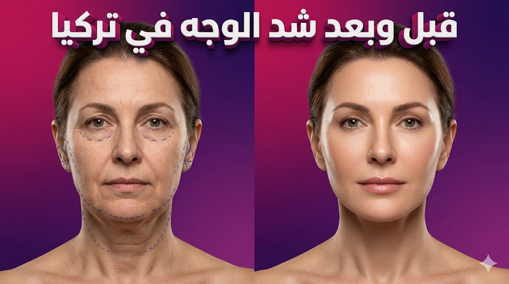 صورة واقعية مقارنة قبل وبعد شد الوجه في تركيا تظهر التخلص من الترهلات والحصول على بشرة مشدودة وشابة مع تخطيط طبي قبل الجراحة.