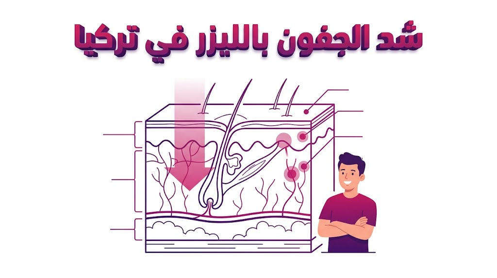  إنفوجرافيك طبي يوضح التشريح العلمي لطبقات الجلد وتأثير شد الجفون بالليزر في تركيا لتحفيز الأنسجة.