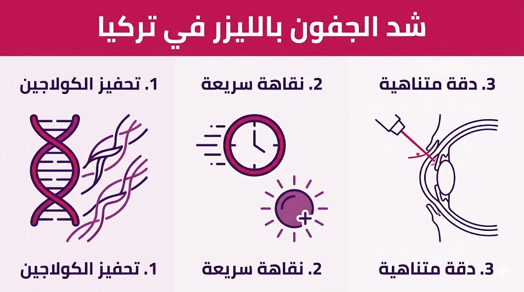  بوستر إنفوجرافيك طبي يوضح ثلاث مزايا رئيسية لعملية شد الجفون بالليزر في تركيا: تحفيز الكولاجين، سرعة النقاهة، والدقة.