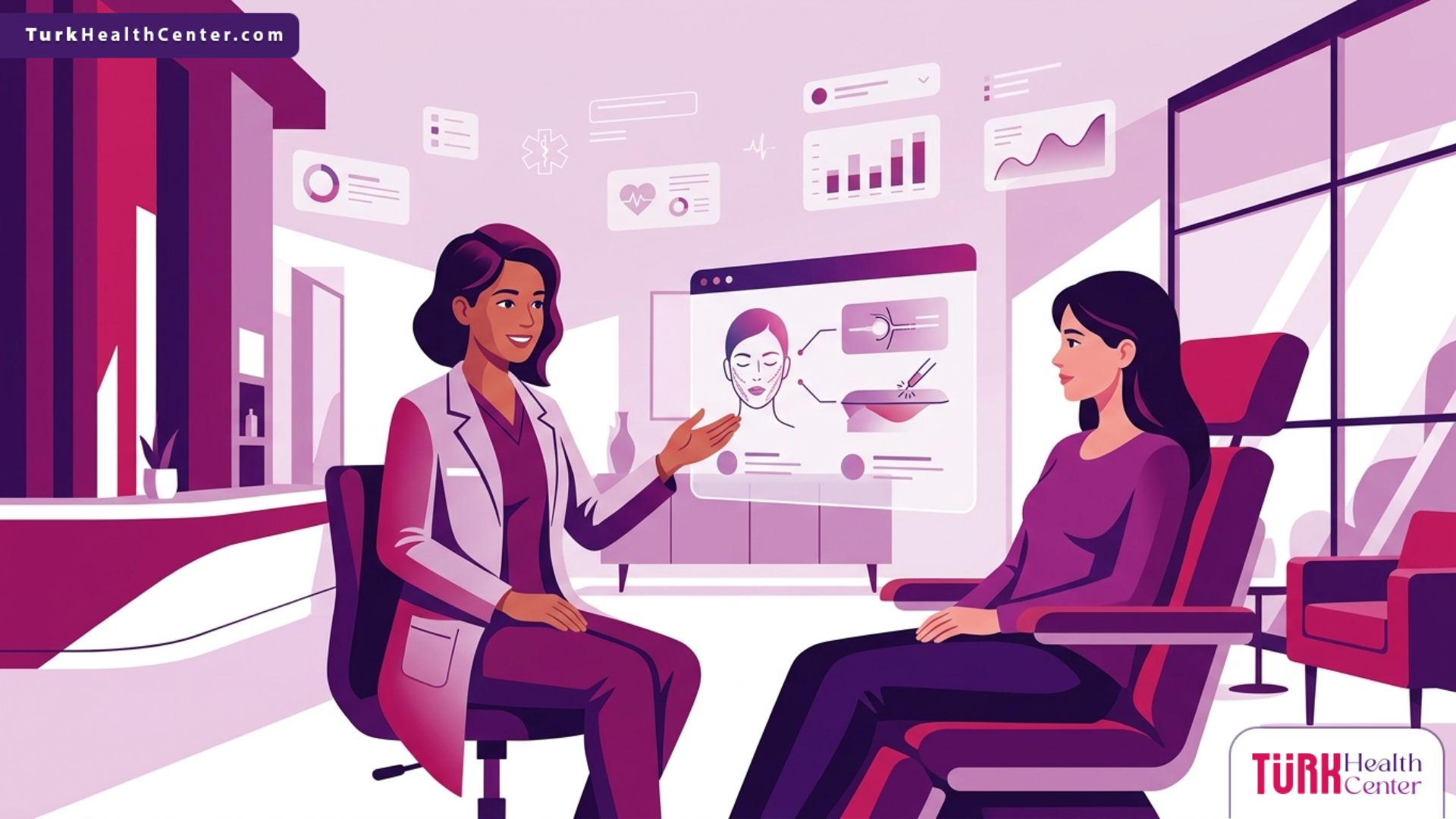 رسم توضيحي يظهر طبيباً يشرح أحدث تقنيات عمليات التجميل لمريض في عيادة طبية فاخرة 