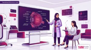 رسم توضيحي عصري لطبيب يشرح أسعار تجميل العيون في تركيا للمريض داخل عيادة فاخرة 