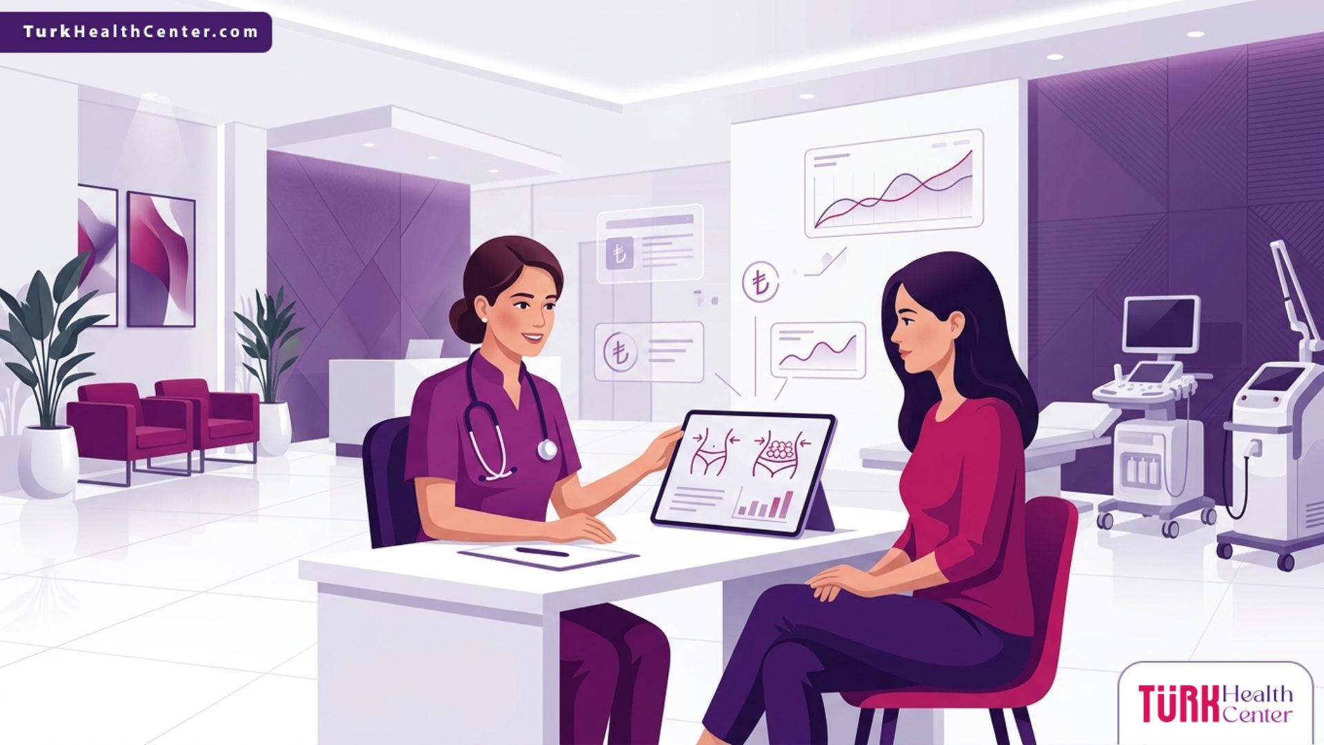 رسم توضيحي متجهي فاخر لعيادة طبية حديثة يشرح فيها الطبيب التفاصيل المتعلقة بـ أسعار شفط الدهون في تركيا 