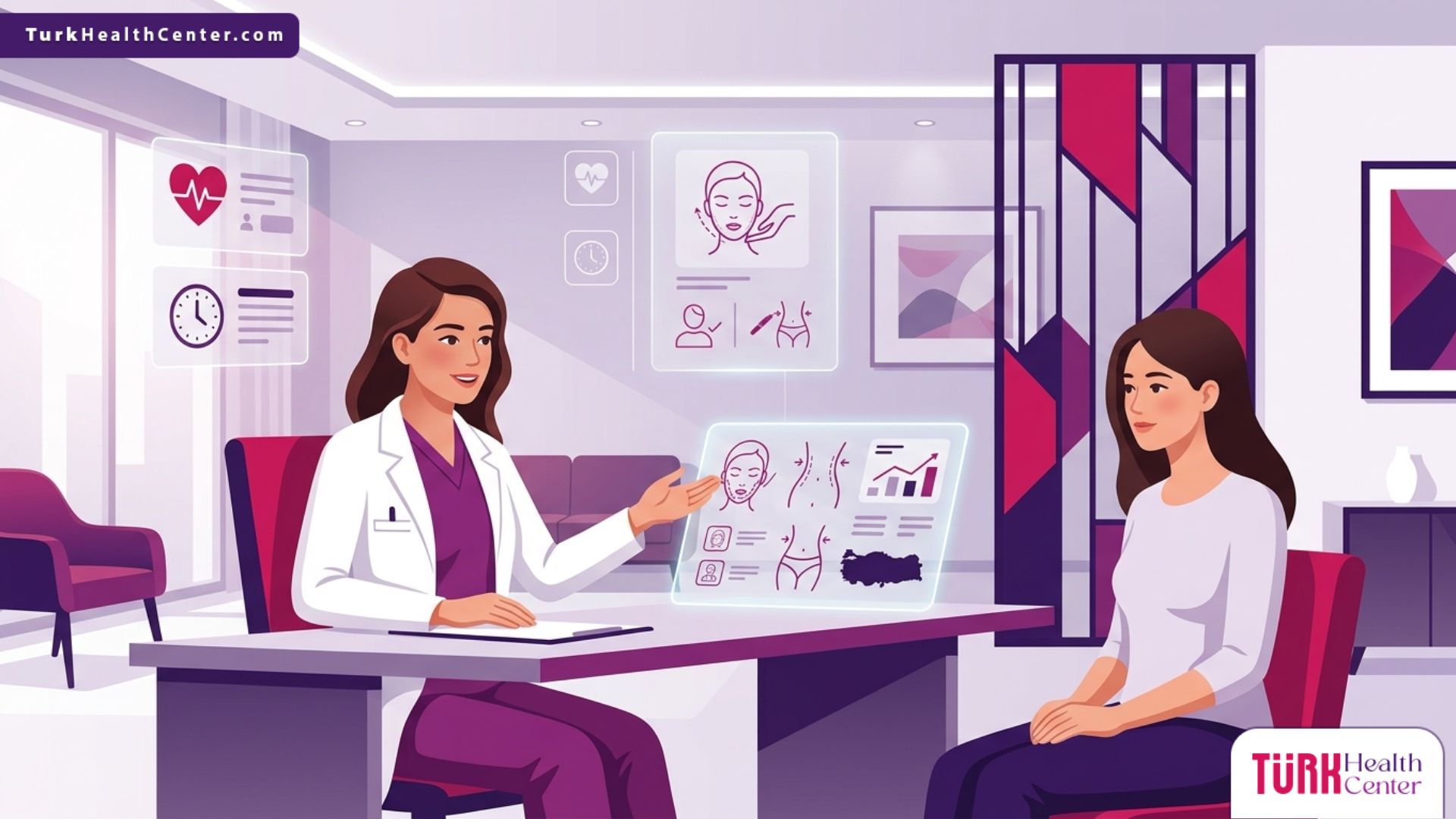 رسم توضيحي لعيادة طبية حديثة يشرح تفاصيل أسعار عمليات التجميل في تركيا بأسلوب احترافي 