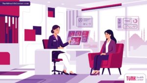 رسم توضيحي لعيادة طبية حديثة يشرح فيها الطبيب أنواع عمليات التجميل في تركيا للمريض